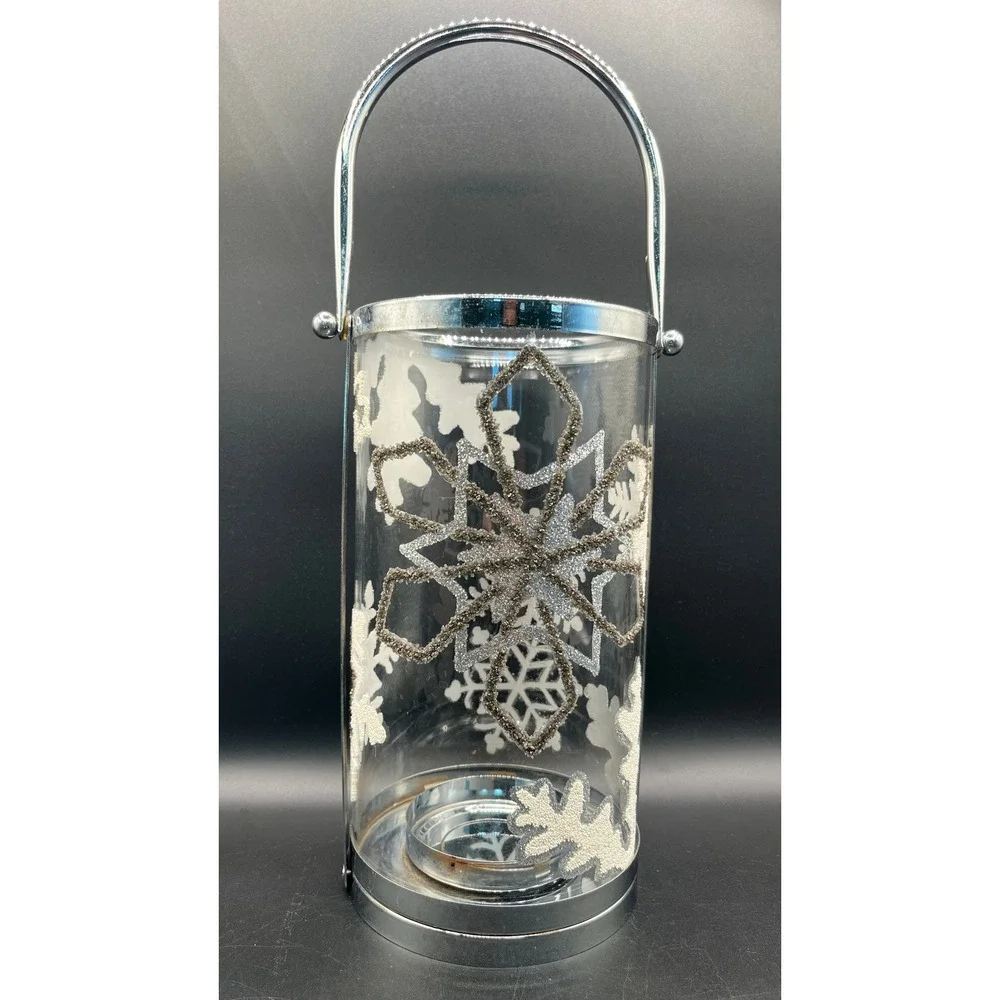 Silver Snowflake Glass Cylinder Candle Lantern Chrome Handle Winter Decor 10.25